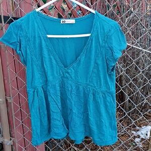 SO Teal V-Neck Peplum Short Sleeve Top